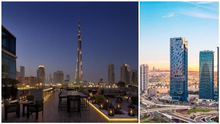 Collage of Dubai skyline with Burj Khalifa at dusk and modern towers