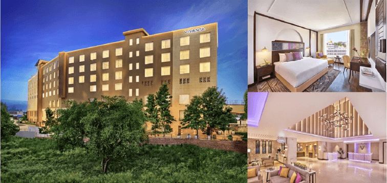 Collage of Vivanta hotel featuring exterior view, guest room, and modern lobby interiors.